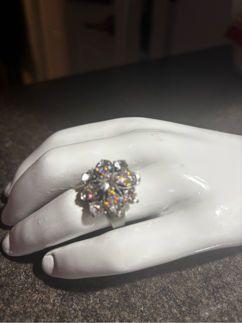 Vintage costume jewellery Flower Cluster Ring with Iridescent Stones - White